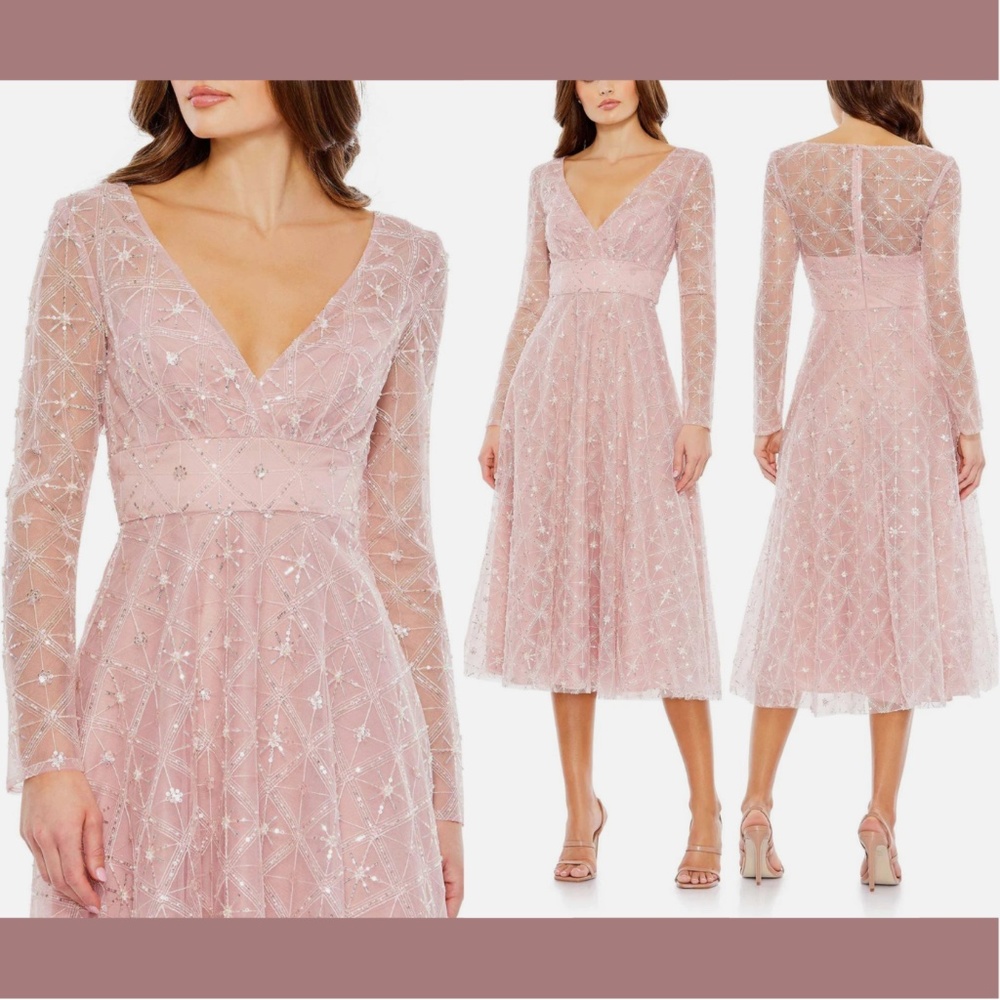 NEW $498 Mac Duggal [‎ 24 ] Embellished Illusion Long Sleeve Dress Rose Pink
